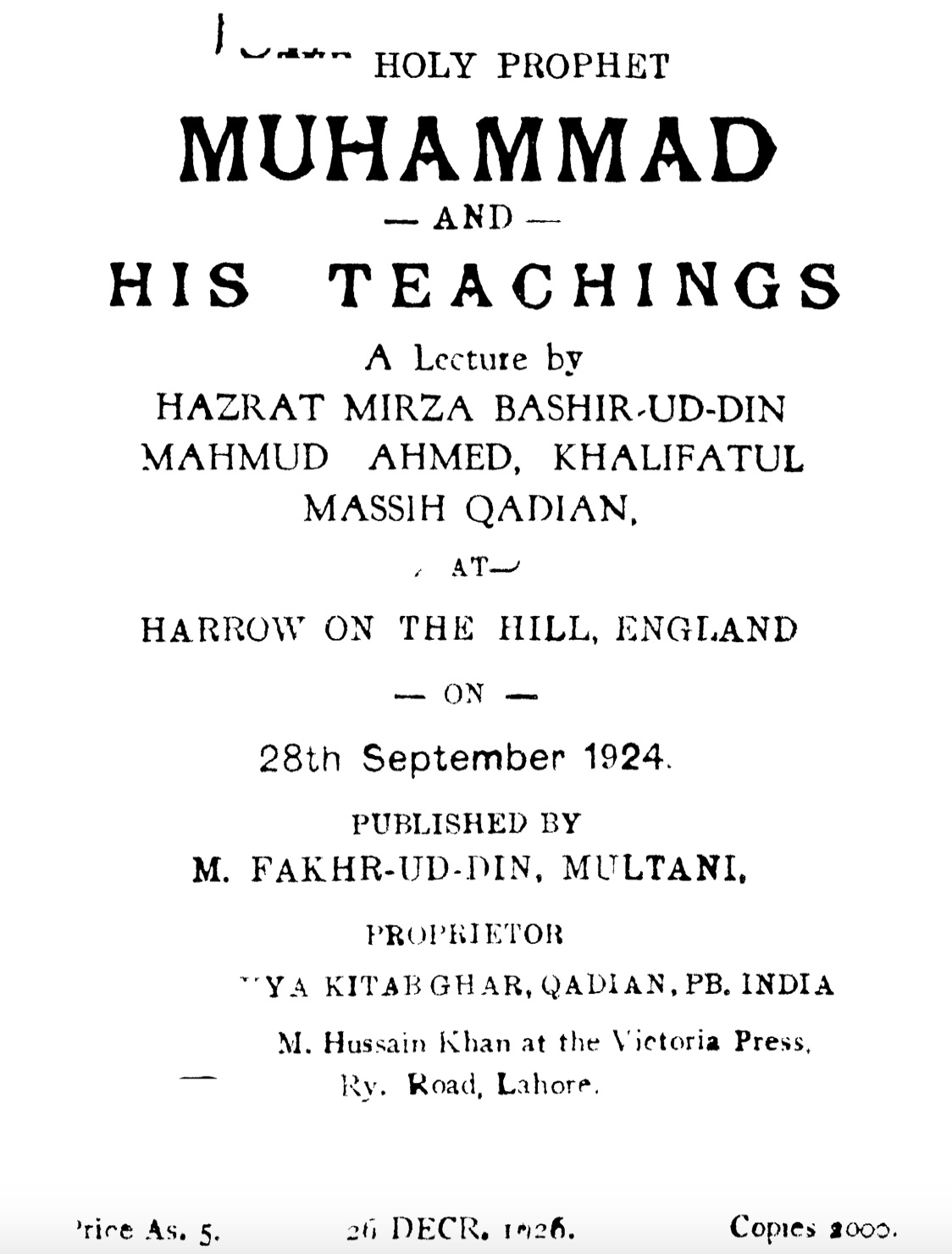 Holy Prophet Muhammad and His Teachings